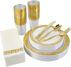 Hollow Out Lace Gold Rim Disposable Plastic party Dinner Plates bulk tableware wholesale manufacturer