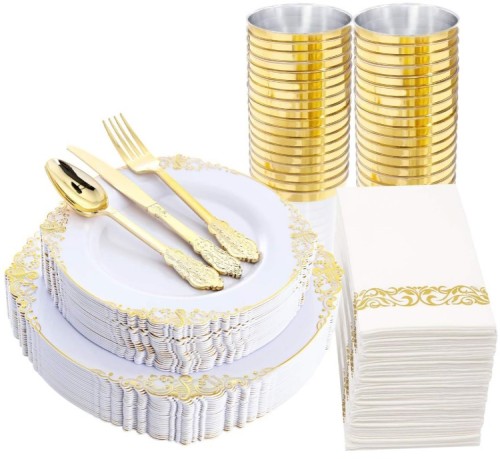 Extra Heavyweight 25 Guests Black White Gold rim Party wedding Supplies Disposable dinner Plastic Charger Plates dishes antique tableware dinnerware set