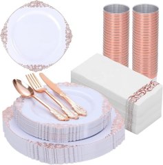 Extra Heavyweight 25 Guests Black White Gold rim Party wedding Supplies Disposable dinner Plastic Charger Plates dishes antique tableware dinnerware set