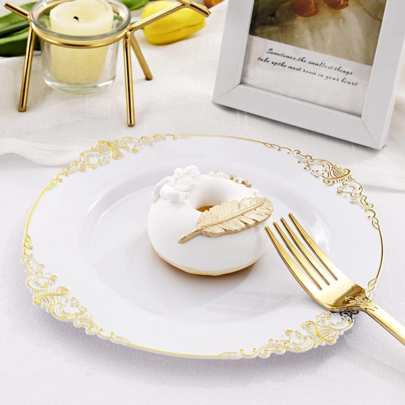 Extra Heavyweight 25 Guests Black White Gold rim Party wedding Supplies Disposable dinner Plastic Charger Plates dishes antique tableware dinnerware set