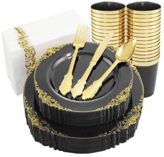 Extra Heavyweight 25 Guests Black White Gold rim Party wedding Supplies Disposable dinner Plastic Charger Plates dishes antique tableware dinnerware set