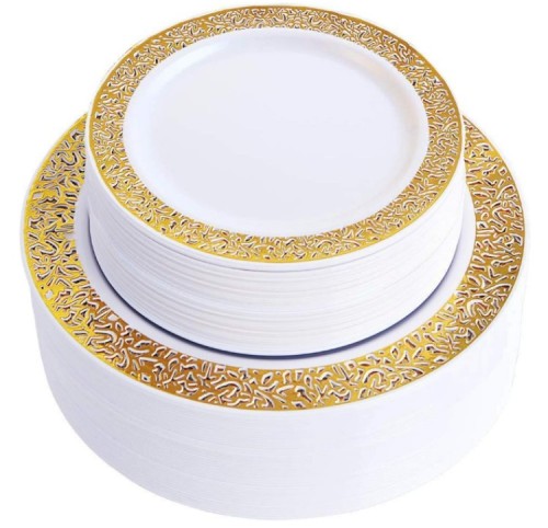 Hollow Out Lace Gold Rim Disposable Plastic party Dinner Plates bulk tableware wholesale manufacturer