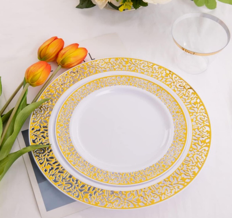 Hollow Out Lace Gold Rim Disposable Plastic party Dinner Plates bulk tableware wholesale manufacturer