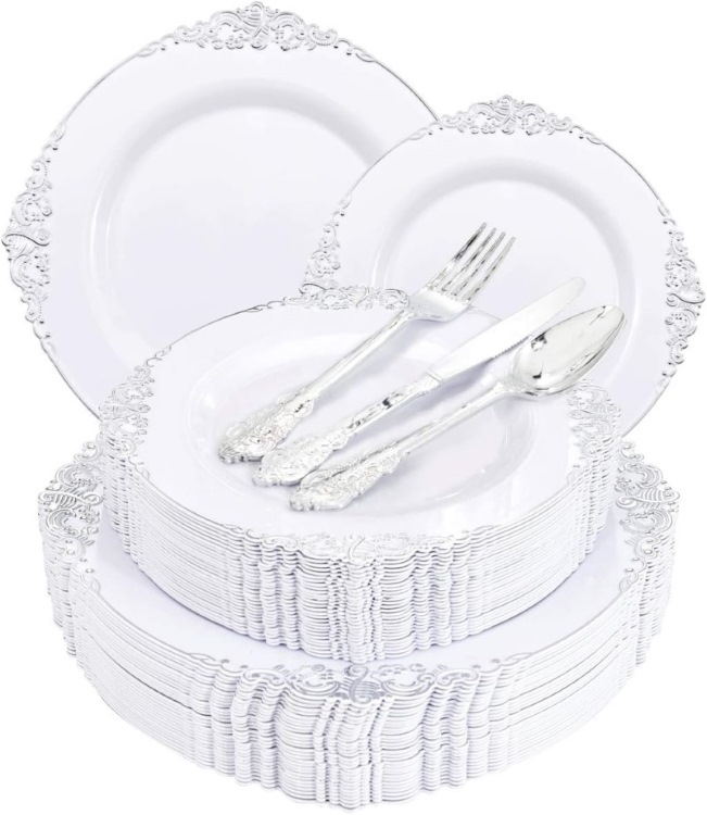 Extra Heavyweight 25 Guests Black White Gold rim Party wedding Supplies Disposable dinner Plastic Charger Plates dishes antique tableware dinnerware set