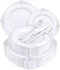 Extra Heavyweight 25 Guests Black White Gold rim Party wedding Supplies Disposable dinner Plastic Charger Plates dishes antique tableware dinnerware set