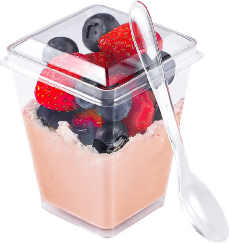 Wedding Decoration Cake Mousse Pudding Ice Cream Clear 5 oz Square Disposable PS plastic dessert cup with lids spoons