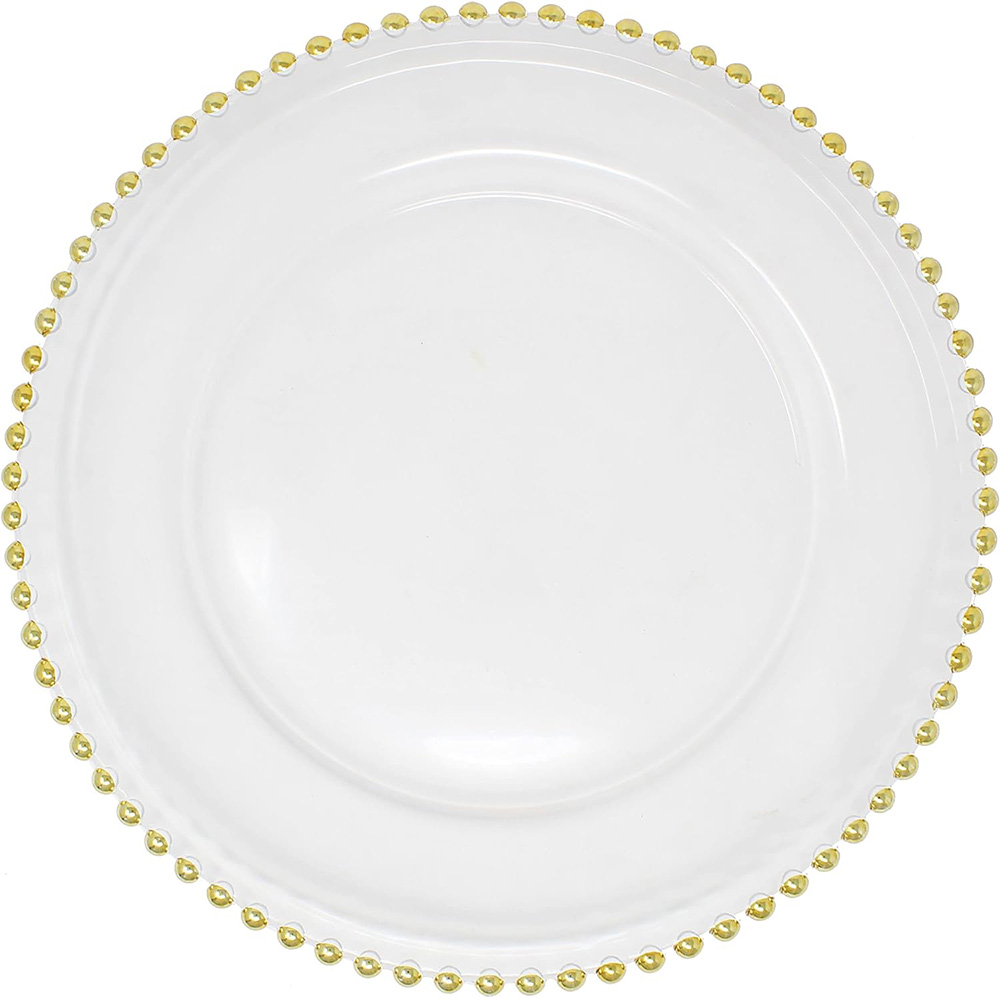 13 inch Dinner Under Decorative Plate Clear Plastic Silver Table Gold Rim Beaded Charger Plates Wholesale for Wedding Party