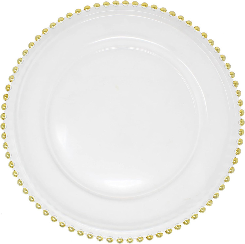 13 inch Dinner Under Decorative Plate Clear Plastic Silver Table Gold Rim Beaded Charger Plates Wholesale for Wedding Party
