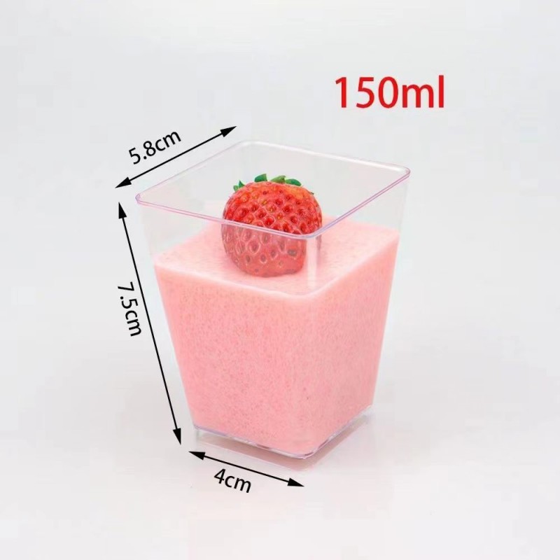 Wedding Decoration Cake Mousse Pudding Ice Cream Clear 5 oz Square Disposable PS plastic dessert cup with lids spoons