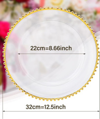 13 inch Dinner Under Decorative Plate Clear Plastic Silver Table Gold Rim Beaded Charger Plates Wholesale for Wedding Party