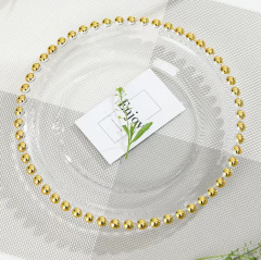 13 inch Dinner Under Decorative Plate Clear Plastic Silver Table Gold Rim Beaded Charger Plates Wholesale for Wedding Party