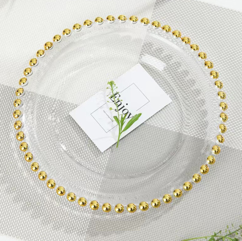 13 inch Dinner Under Decorative Plate Clear Plastic Silver Table Gold Rim Beaded Charger Plates Wholesale for Wedding Party