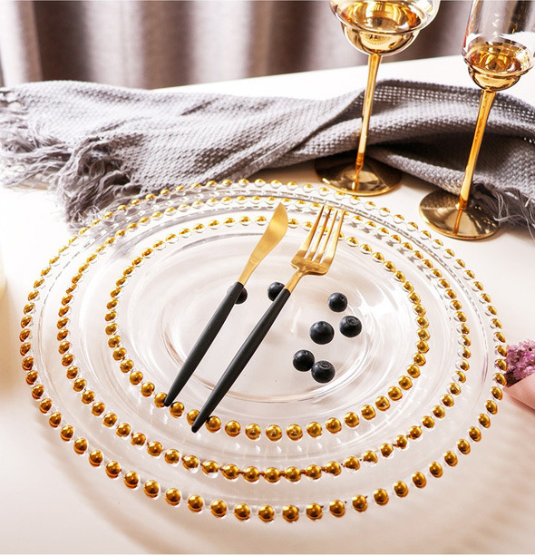 13 inch Dinner Under Decorative Plate Clear Plastic Silver Table Gold Rim Beaded Charger Plates Wholesale for Wedding Party