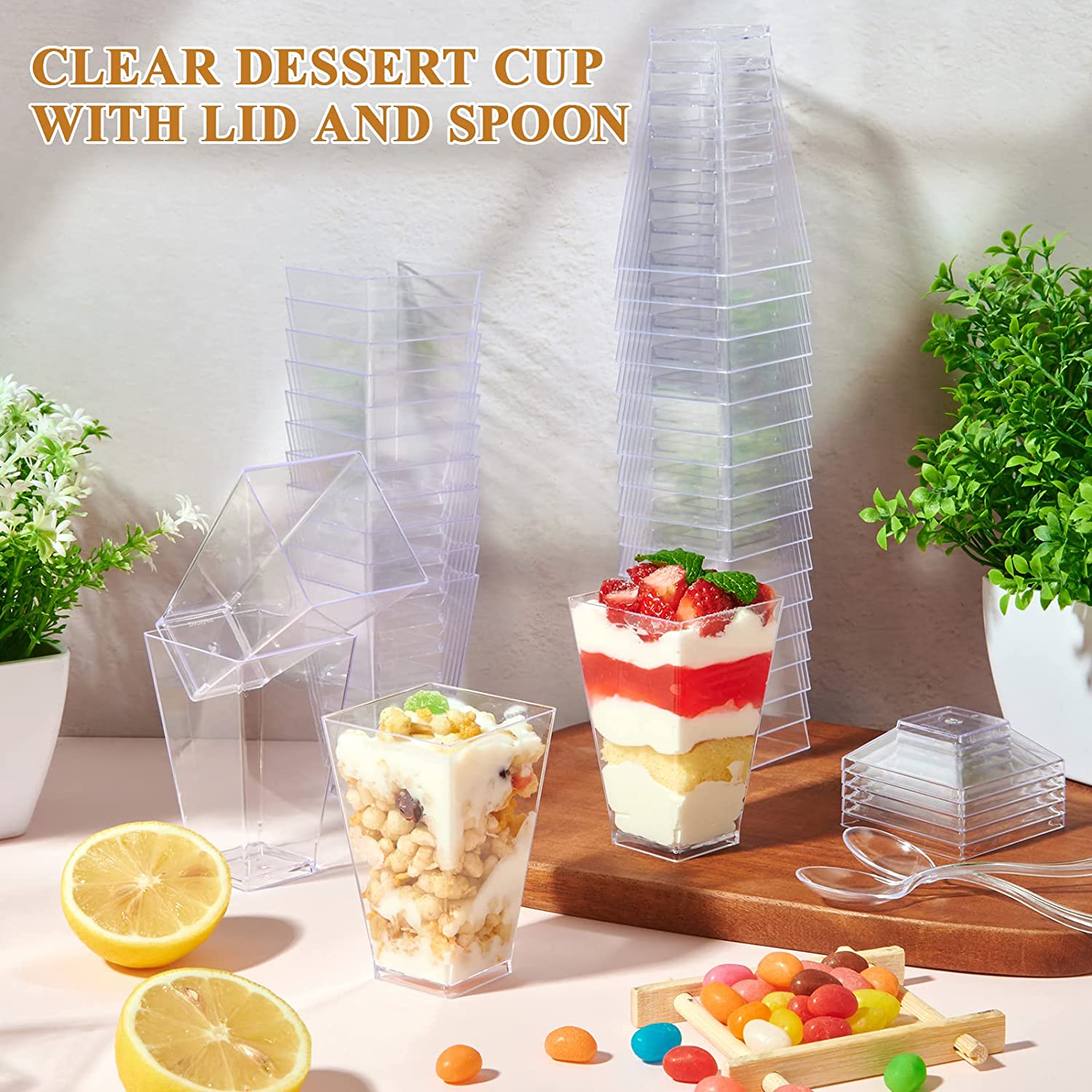 Wedding Decoration Cake Mousse Pudding Ice Cream Clear 5 oz Square Disposable PS plastic dessert cup with lids spoons