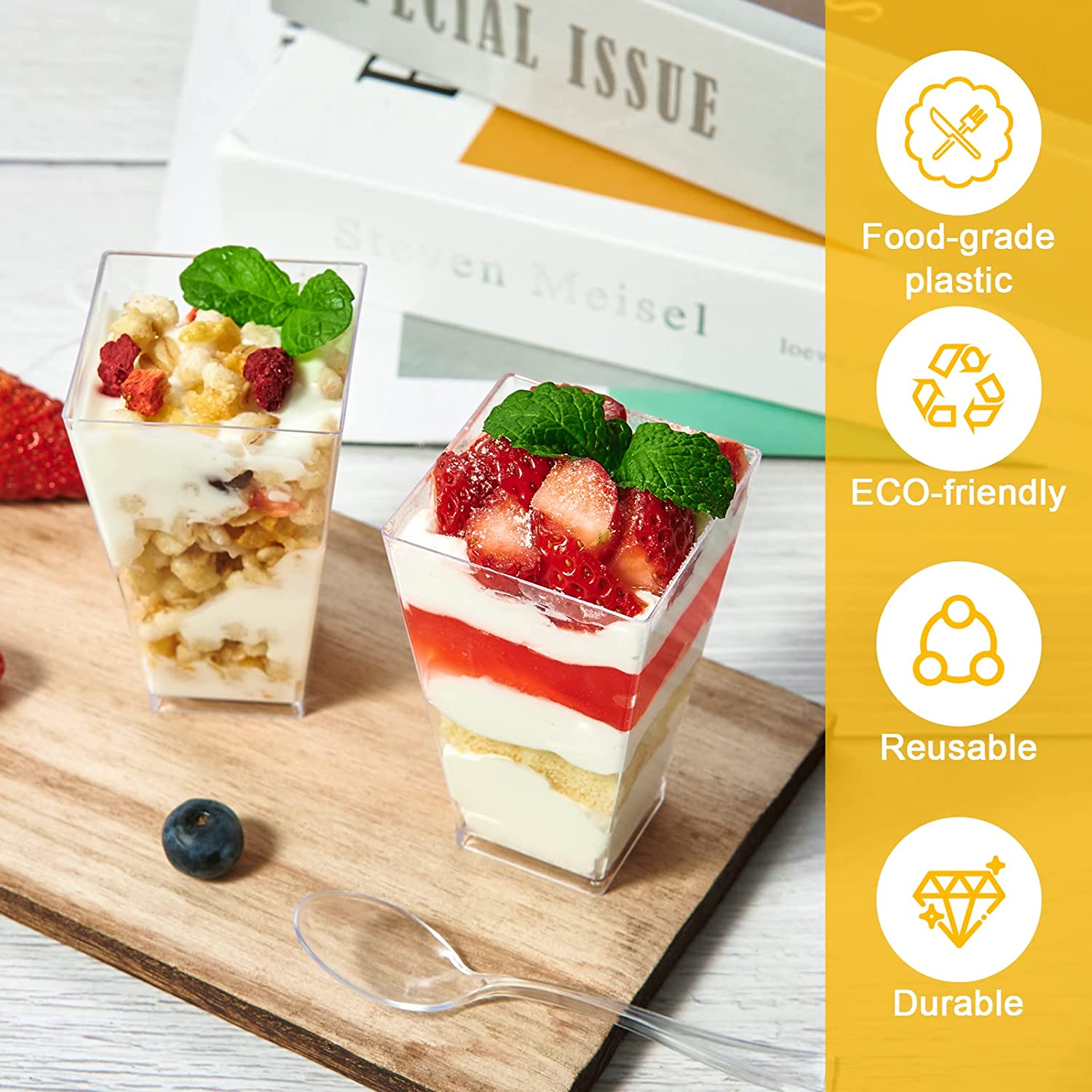 Wedding Decoration Cake Mousse Pudding Ice Cream Clear 5 oz Square Disposable PS plastic dessert cup with lids spoons