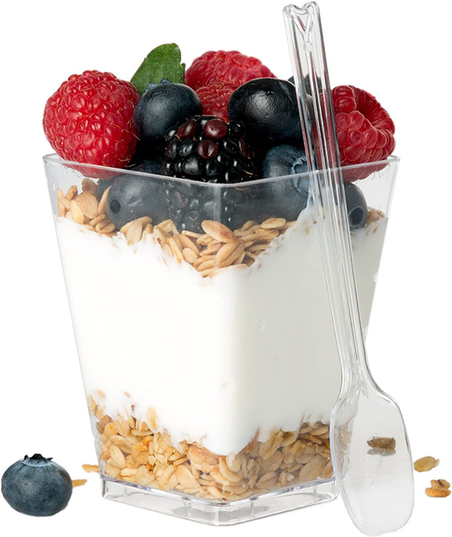 Wedding Decoration Cake Mousse Pudding Ice Cream Clear 5 oz Square Disposable PS plastic dessert cup with lids spoons