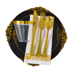 7.5", 10.25" Gold /Silver /Rose Rims Plastic Dinnerware Set
