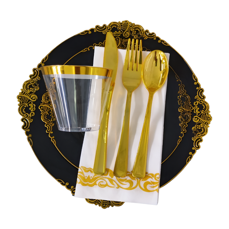 7.5", 10.25" Gold /Silver /Rose Rims Plastic Dinnerware Set