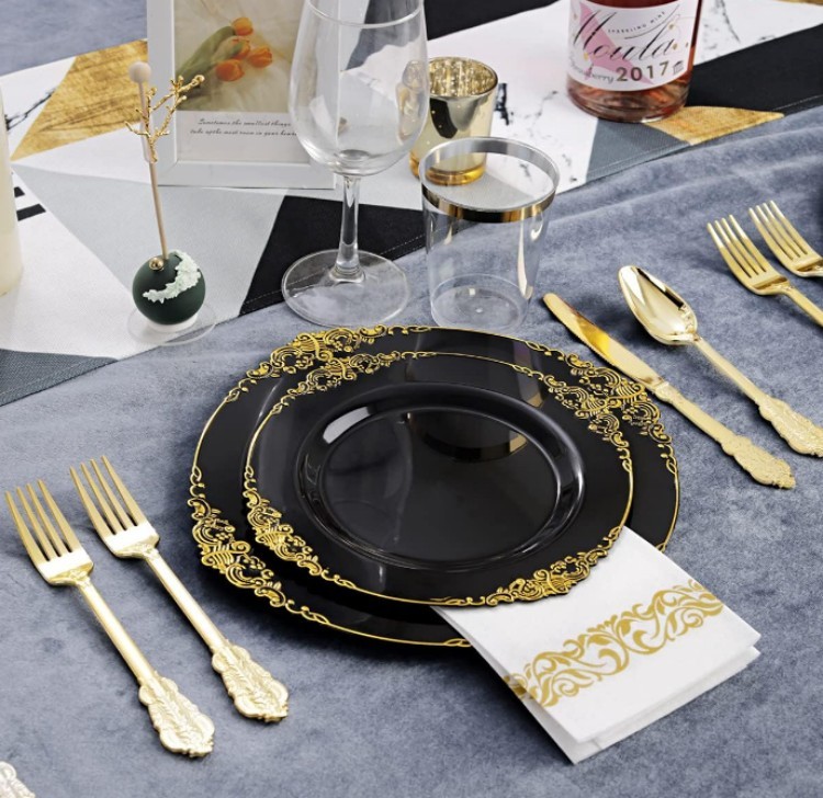 7.5", 10.25" Gold /Silver /Rose Rims Plastic Dinnerware Set