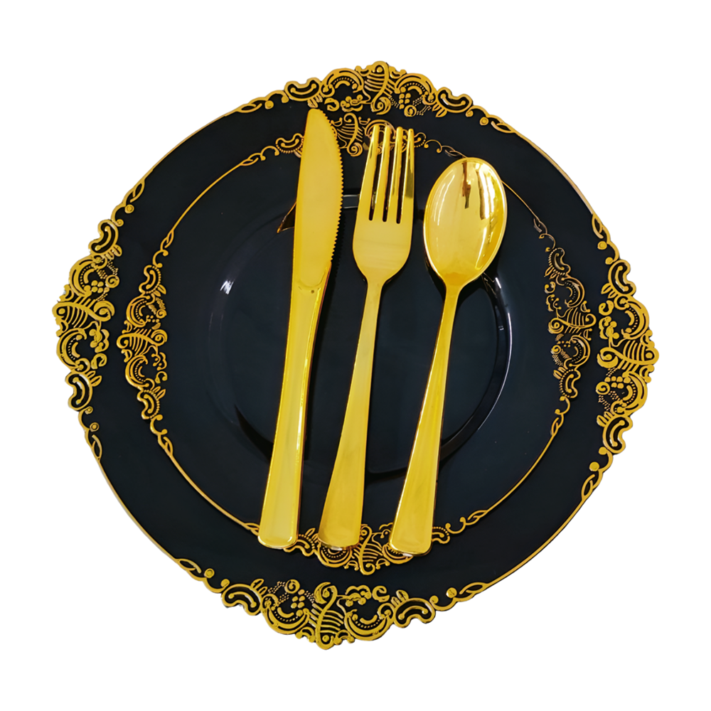 7.5", 10.25" Gold /Silver /Rose Rims Plastic Dinnerware Set