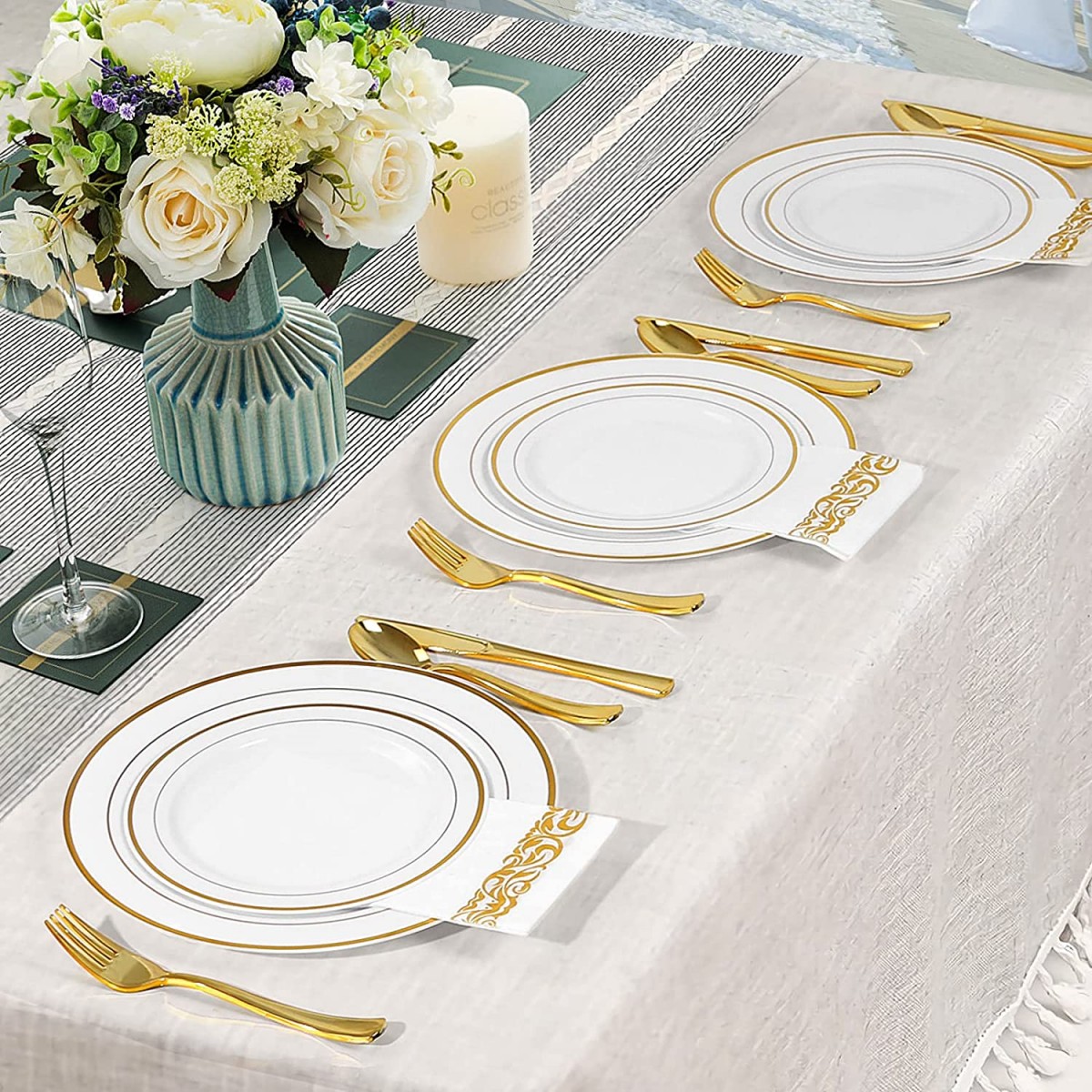 175 pcs Gold rose silver rim plastic dinnerware sets with Napkin Spoon Fork Knife cup Party Supplies disposable charger plates