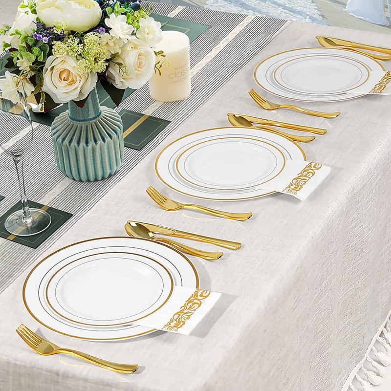 175 pcs Gold rose silver rim plastic dinnerware sets with Napkin Spoon Fork Knife cup Party Supplies disposable charger plates