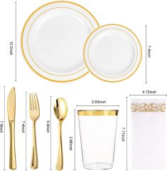 175 pcs Gold rose silver rim plastic dinnerware sets with Napkin Spoon Fork Knife cup Party Supplies disposable charger plates