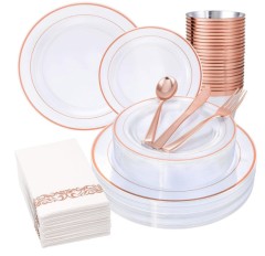 175 pcs Gold rose silver rim plastic dinnerware sets with Napkin Spoon Fork Knife cup Party Supplies disposable charger plates