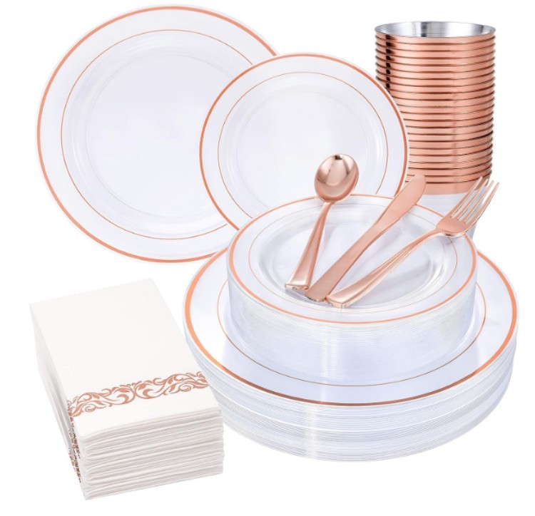 175 pcs Gold rose silver rim plastic dinnerware sets with Napkin Spoon Fork Knife cup Party Supplies disposable charger plates