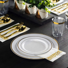 175 pcs Gold rose silver rim plastic dinnerware sets with Napkin Spoon Fork Knife cup Party Supplies disposable charger plates