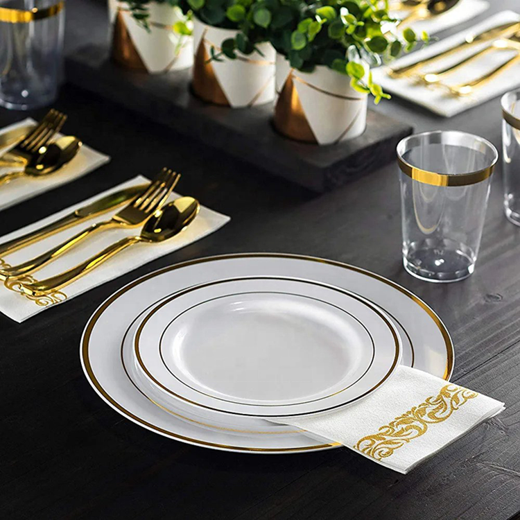 175 pcs Gold rose silver rim plastic dinnerware sets with Napkin Spoon Fork Knife cup Party Supplies disposable charger plates