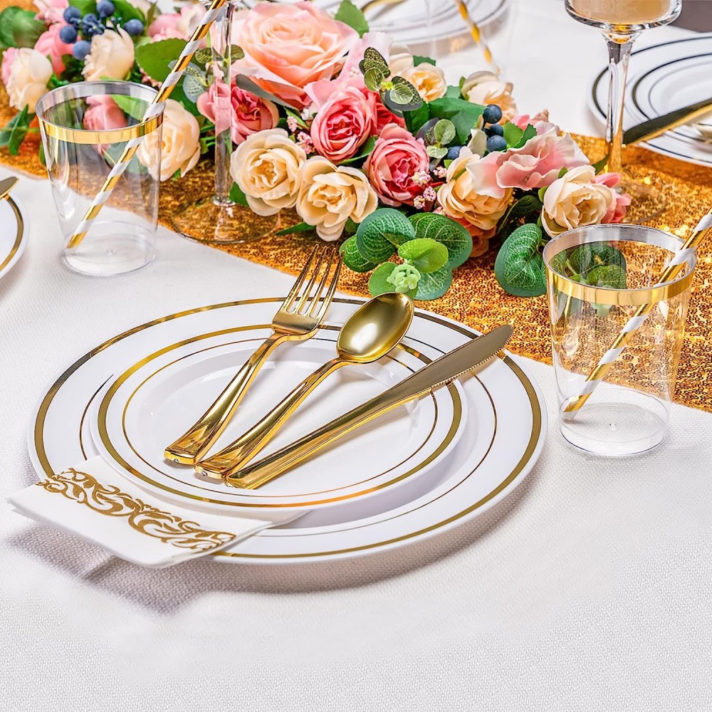 175 pcs Gold rose silver rim plastic dinnerware sets with Napkin Spoon Fork Knife cup Party Supplies disposable charger plates