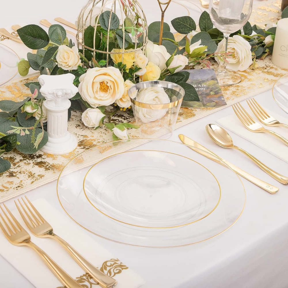 Wholesale Fancy Premium White Clear Gold Rim Plastic Charger Plates Disposable Deep Dinner charger Plates for Party Wedding
