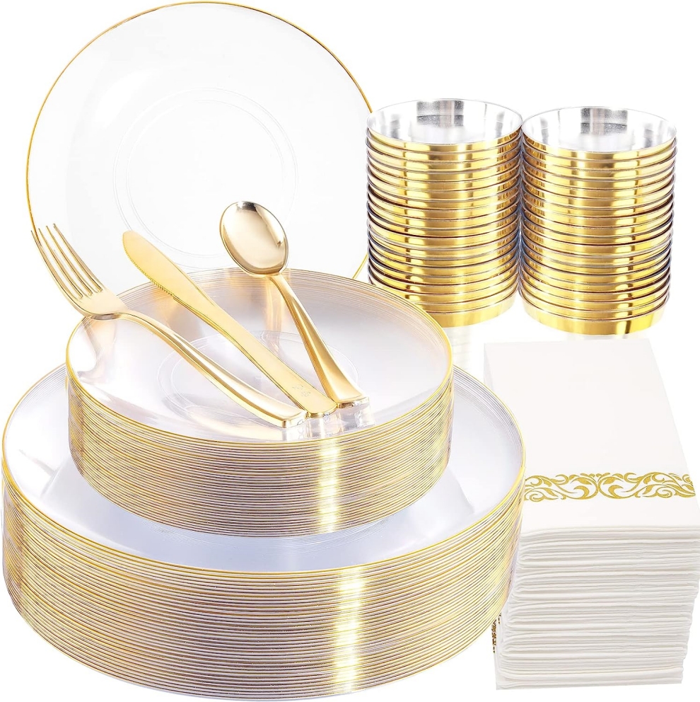 Wholesale Fancy Premium White Clear Gold Rim Plastic Charger Plates Disposable Deep Dinner charger Plates for Party Wedding