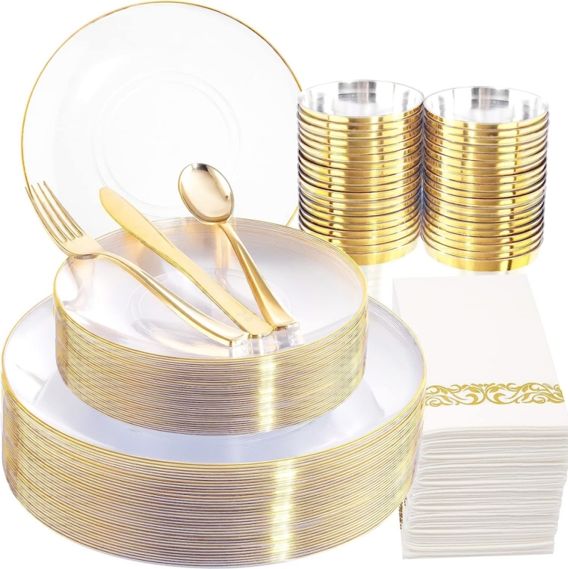 Wholesale Fancy Premium White Clear Gold Rim Plastic Charger Plates Disposable Deep Dinner charger Plates for Party Wedding