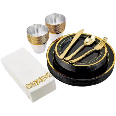 Elegant Fancy Heavy Duty Wedding Party Plates Disposable Plastic charger Plates dinnerware set with Gold silver gold Rim bullk