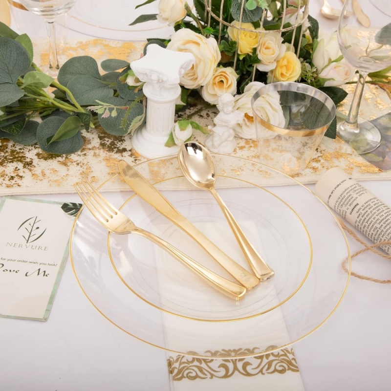 Wholesale Clear Gold rim trim Plates Weeding Decor plastic disposable Dish Dinner Charger Plate Tableware sets