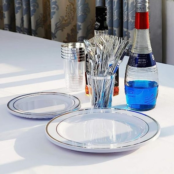 Elegant Fancy Heavy Duty Wedding Party Plates Disposable Plastic charger Plates dinnerware set with Gold silver gold Rim bullk
