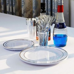 Elegant Fancy Heavy Duty Wedding Party Plates Disposable Plastic charger Plates dinnerware set with Gold silver gold Rim bullk