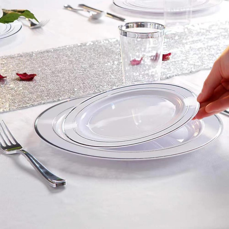 Elegant Fancy Heavy Duty Wedding Party Plates Disposable Plastic charger Plates dinnerware set with Gold silver gold Rim bullk