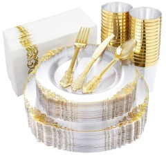 Transparent Gold Rim Antique Plastic Disposable Dinner charger Plates Dinnerware Set Bulk