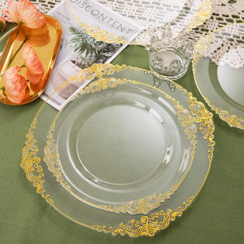 Transparent Gold Rim Antique Plastic Disposable Dinner charger Plates Dinnerware Set Bulk