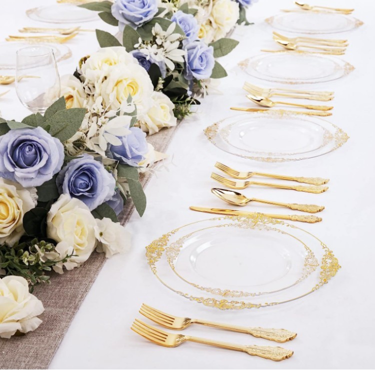 Transparent Gold Rim Antique Plastic Disposable Dinner charger Plates Dinnerware Set Bulk