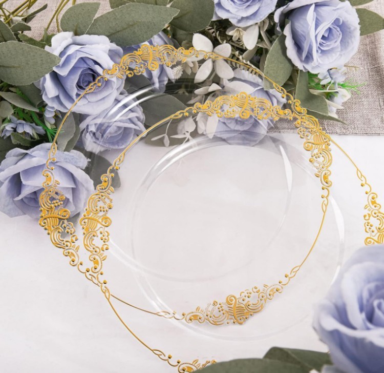 Transparent Gold Rim Antique Plastic Disposable Dinner charger Plates Dinnerware Set Bulk