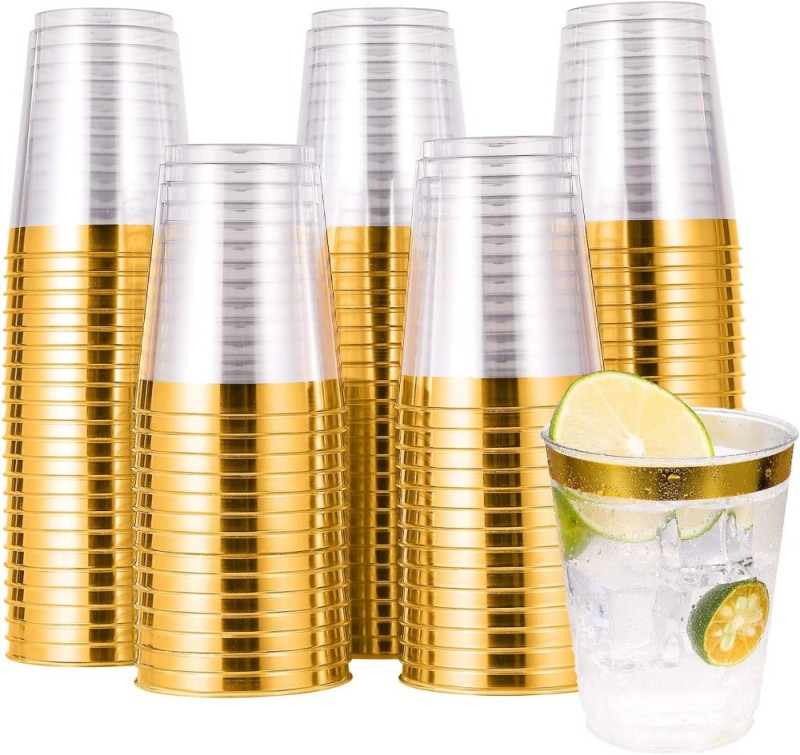 10/12/14/16 oz Elegant Gold Rimmed Clear Disposable Plastic Wine Cocktail Glasses Drinking Tumblers Cups