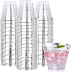 9 oz Gold /Silver Rim Plastic PS Clear Disposable Cup Water Wine Juice Glasses Tumblers