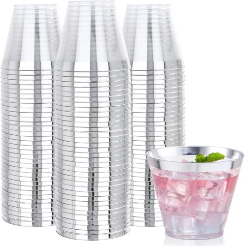 9 oz Gold /Silver Rim Plastic PS Clear Disposable Cup Water Wine Juice Glasses Tumblers