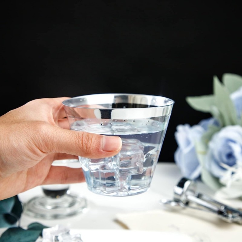 9 oz Gold /Silver Rim Plastic PS Clear Disposable Cup Water Wine Juice Glasses Tumblers