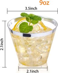 9 oz Gold /Silver Rim Plastic PS Clear Disposable Cup Water Wine Juice Glasses Tumblers