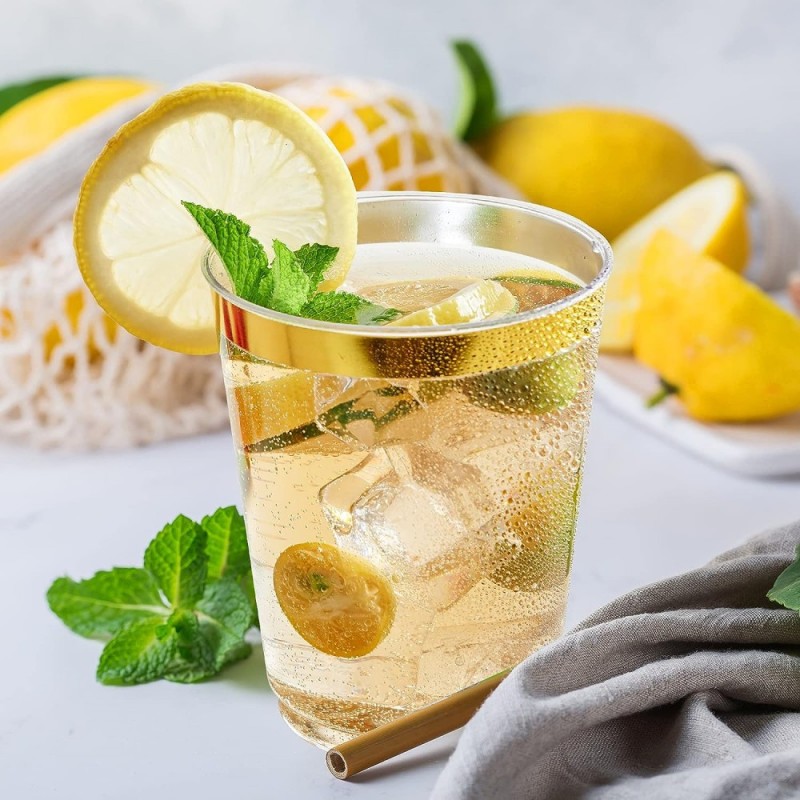 10/12/14/16 oz Elegant Gold Rimmed Clear Disposable Plastic Wine Cocktail Glasses Drinking Tumblers Cups